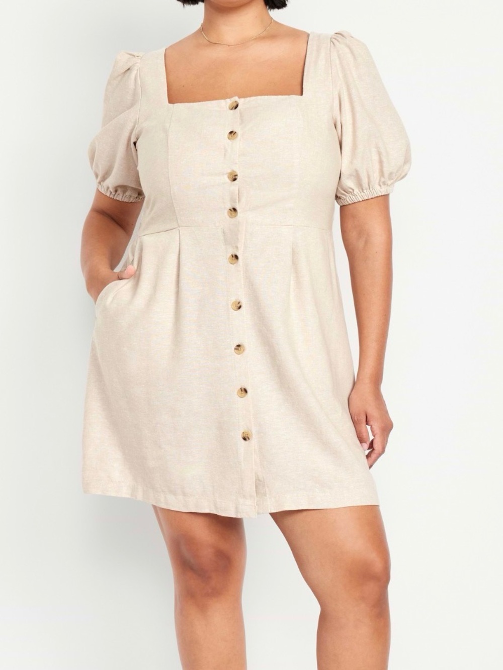 Old Navy Beige Square-Neck Puff Sleeve Button-Front Mini Dress